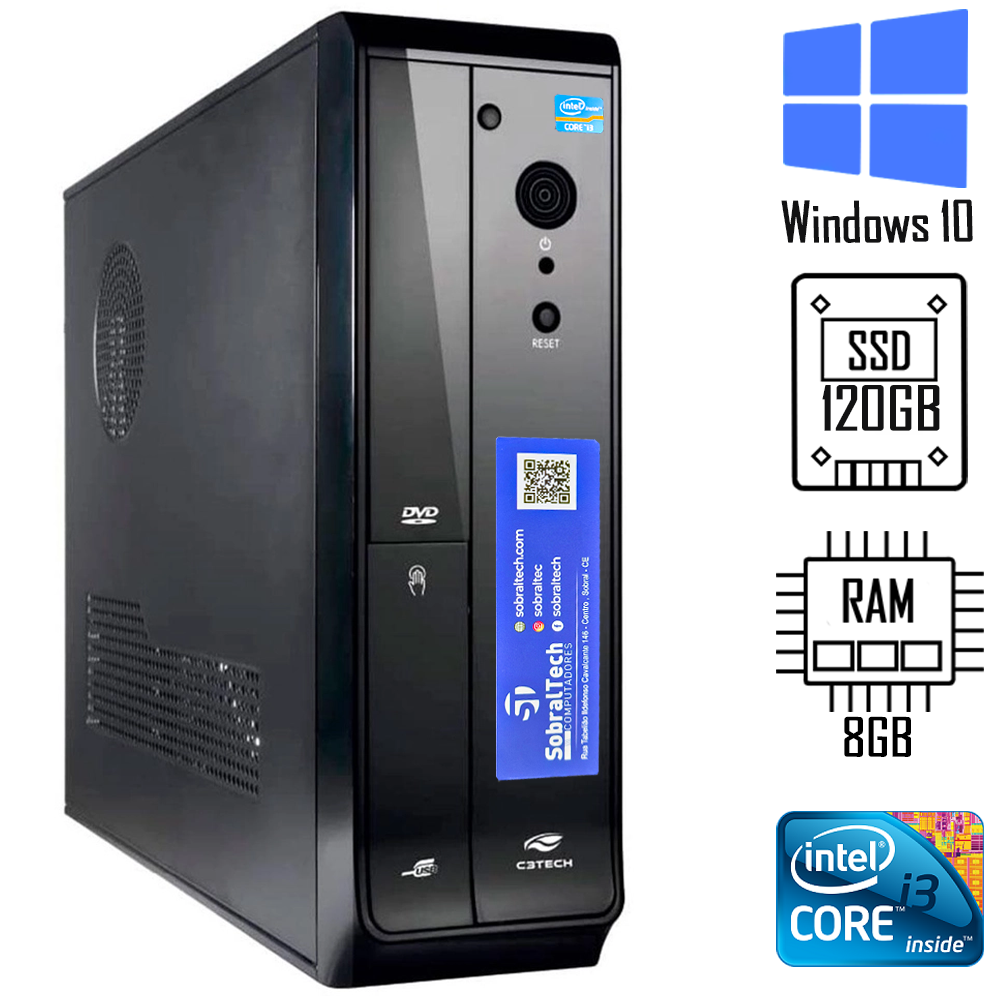 Mini Computador Horizontal e Vertical Micro ATX Slim Core I3- 3th,  Memória 8GB, SSD 120GB - Gabinete Slim